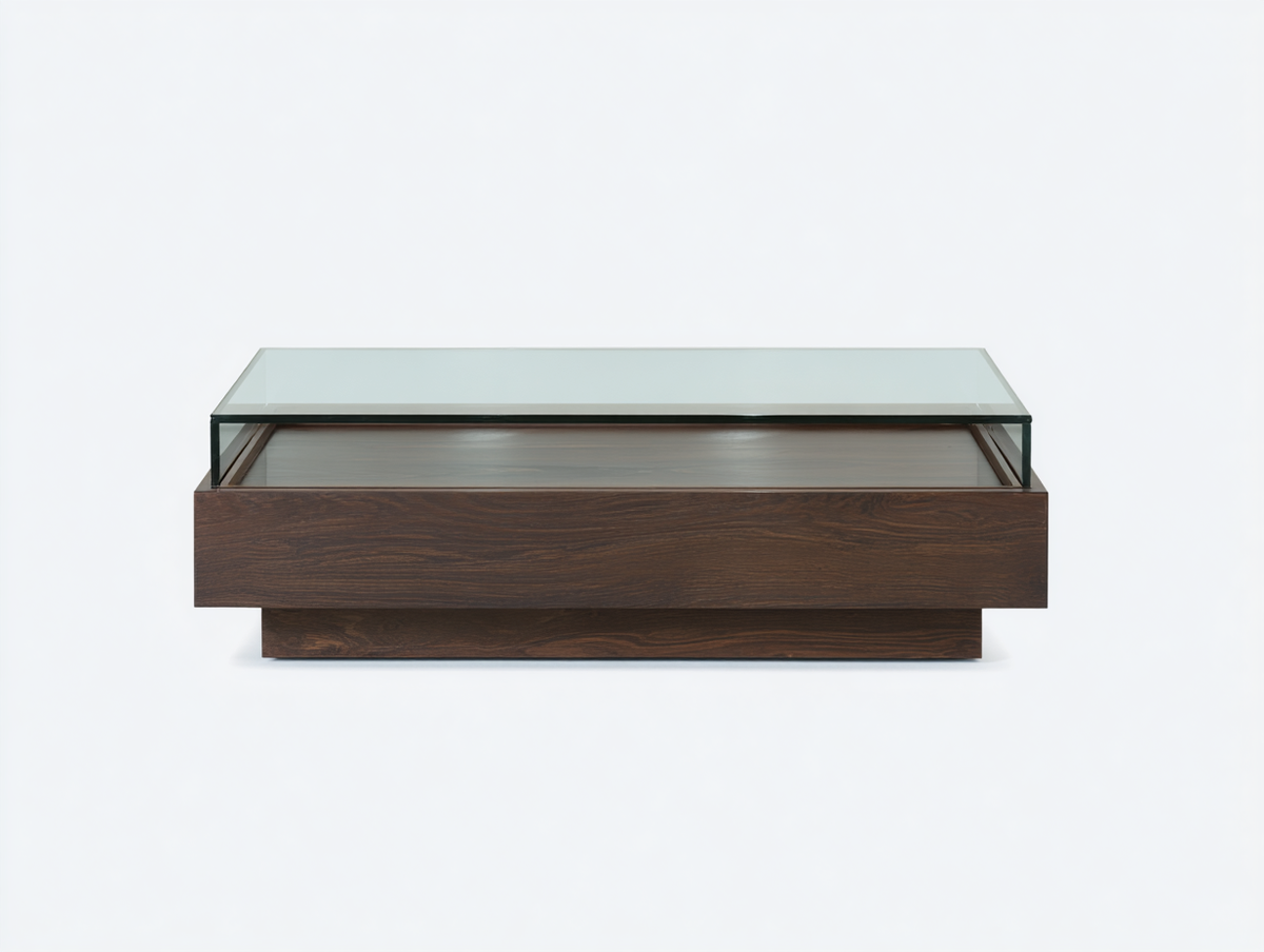 Mesa de comedor de madera y vidrio 115×65×42 cm - nogal oscuro/transparente - base cerrada y tablero elevado