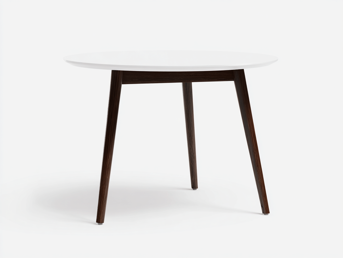 Mesa de comedor redonda de madera 116×116×75 cm - blanco y marrón espresso - base inclinada de estilo escandinavo