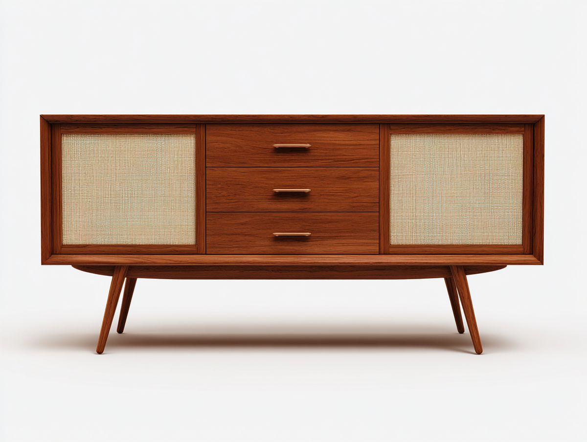 Aparador de madera 166×43×82 cm - nogal oscuro y beige - frente tejido de estilo retro para salón