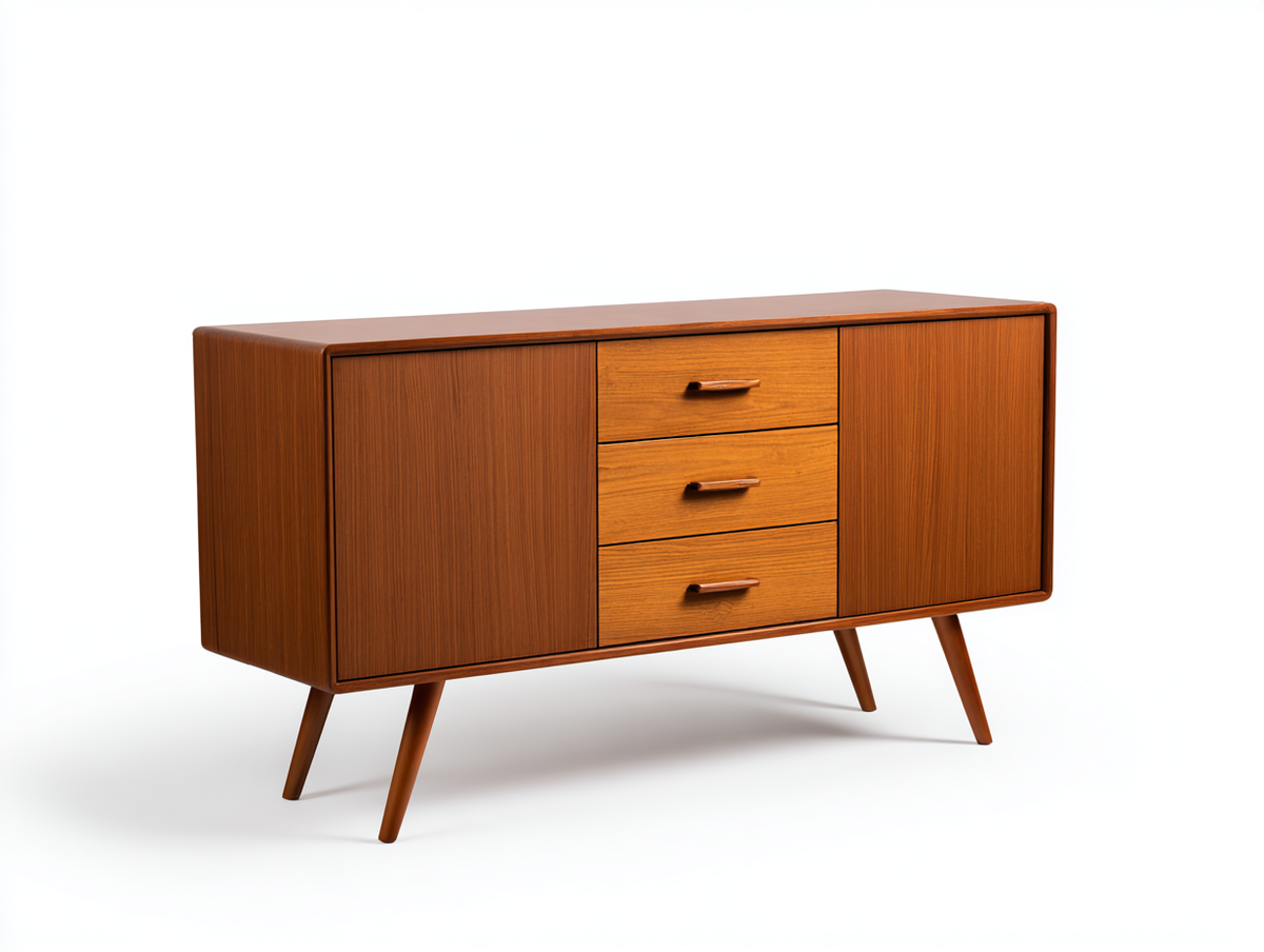 Aparador de madera 156×45×80 cm - marrón teca - diseño curvo mid-century para salón