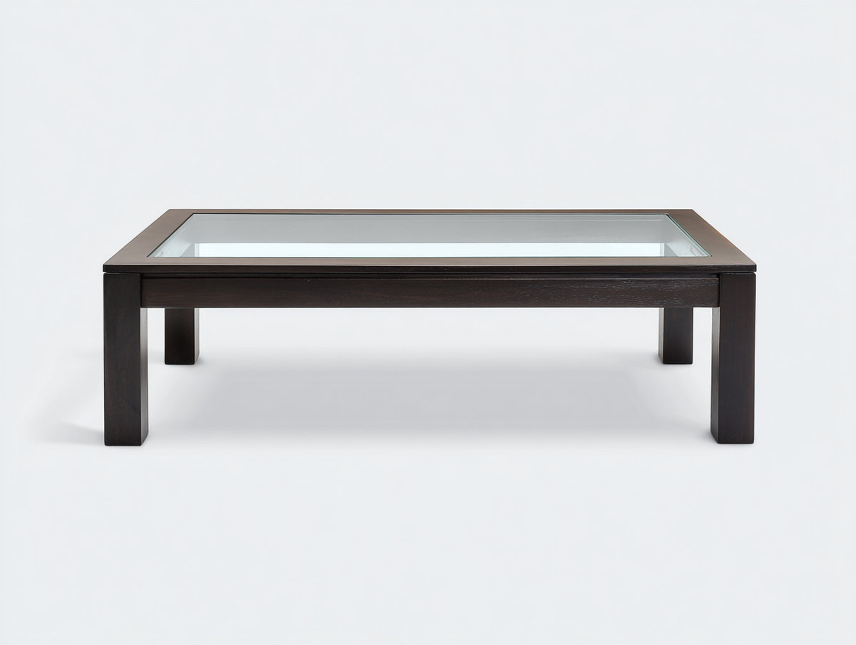 Mesa de comedor rectangular de madera y vidrio 150×85×45 cm - marrón oscuro y transparente - diseño bajo contemporáneo para comedor
