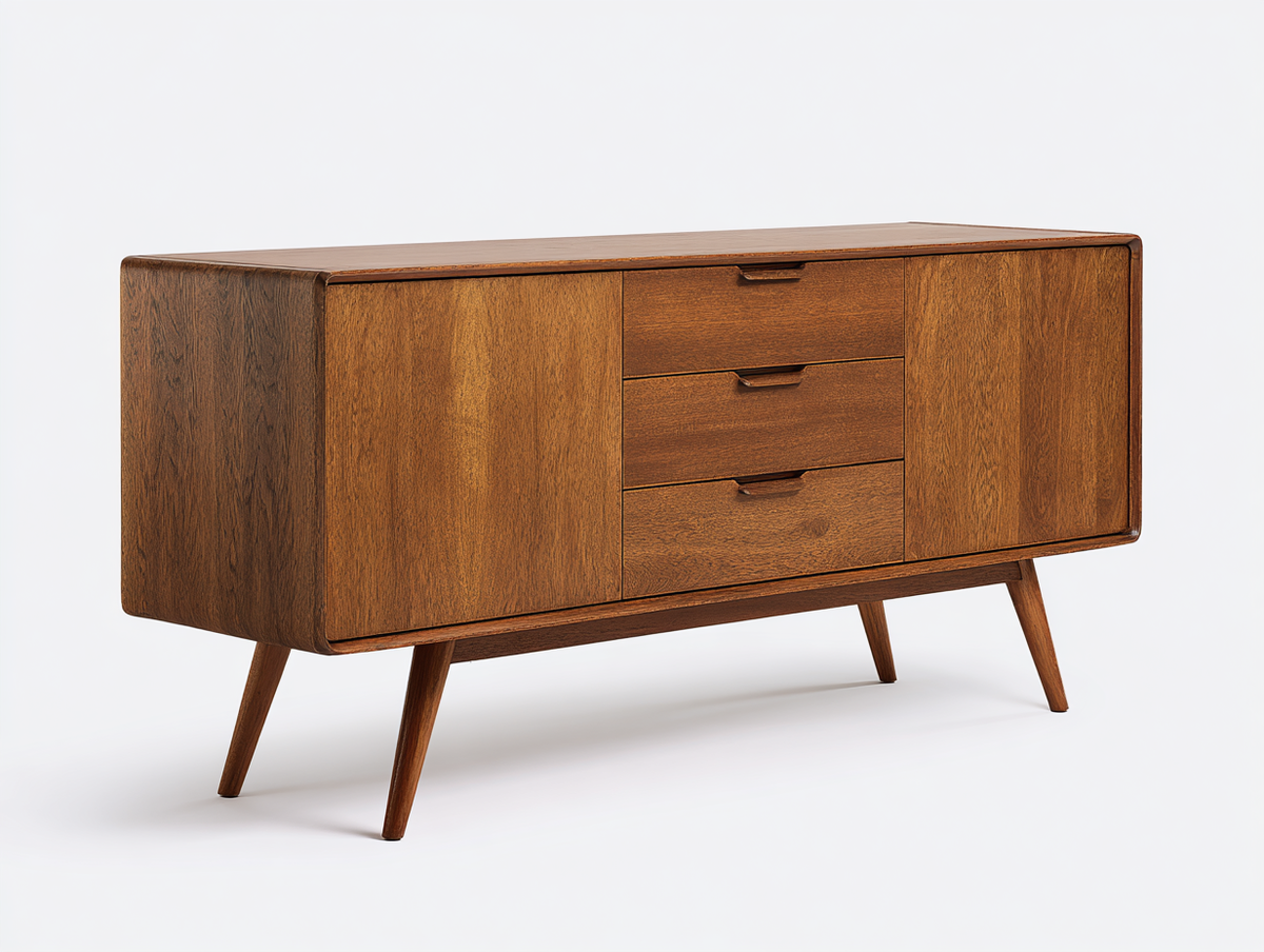 Aparador de madera 165×45×82 cm – marrón nogal – salón – 2 puertas y 3 cajones diseño de mediados de siglo