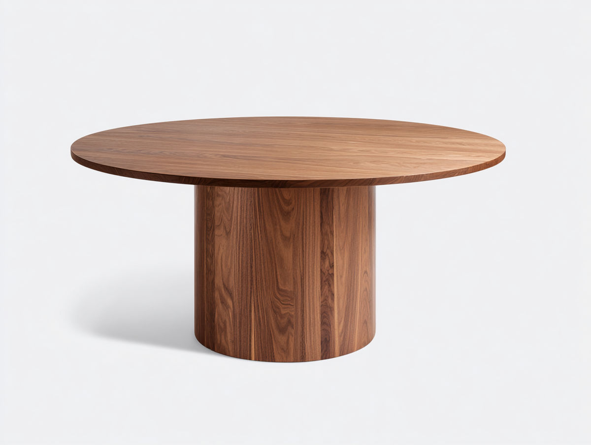 Mesa de comedor redonda de nogal 130×130×75 cm - nogal medio - base cilíndrica de diseño escultórico