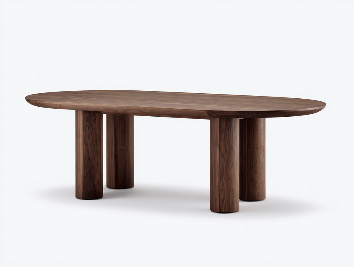 Mesa de comedor ovalada de madera 220×105×75 cm - nogal oscuro - cuatro patas cilíndricas y diseño contemporáneo