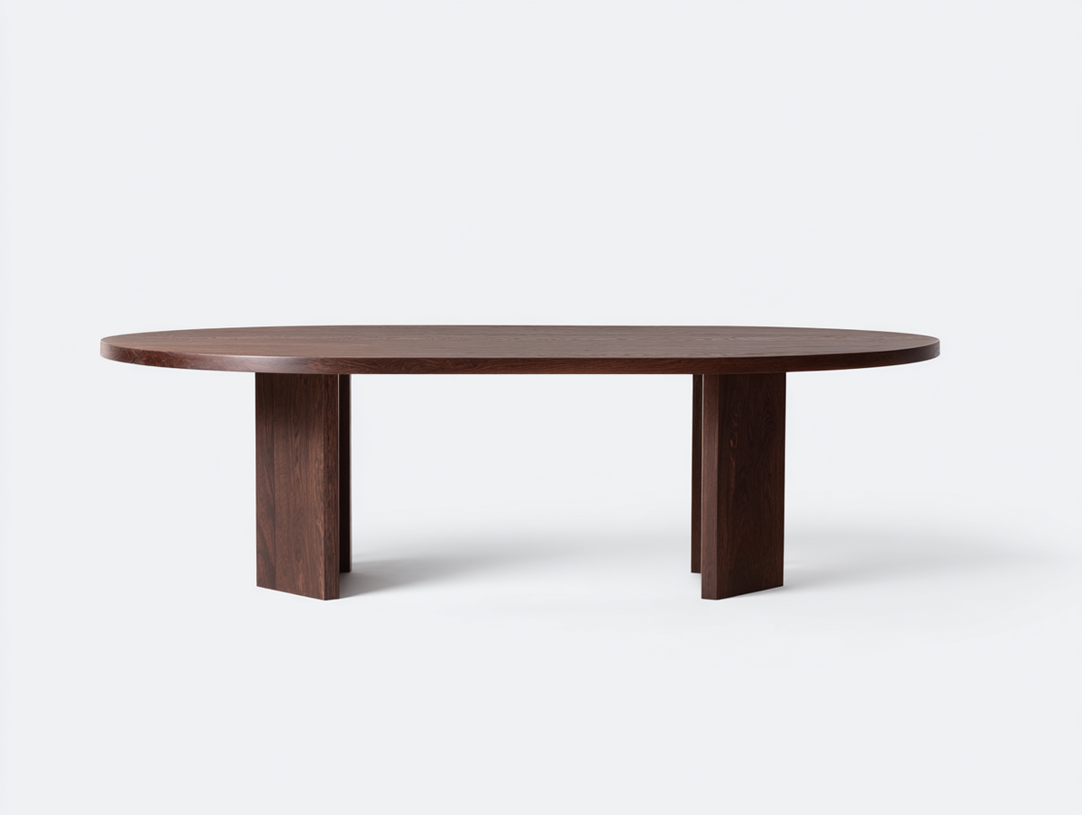 Mesa de comedor ovalada de madera 210×100×75 cm - nogal oscuro - patas tipo panel y estilo minimalista