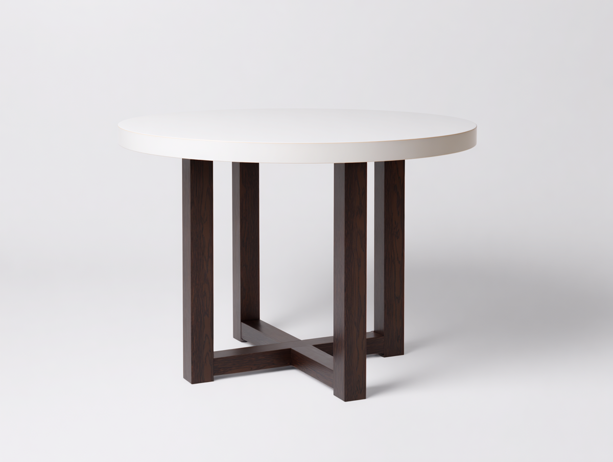 Mesa de comedor redonda de madera 122×122×75 cm - blanco y nogal oscuro - base cruzada de estilo arquitectónico