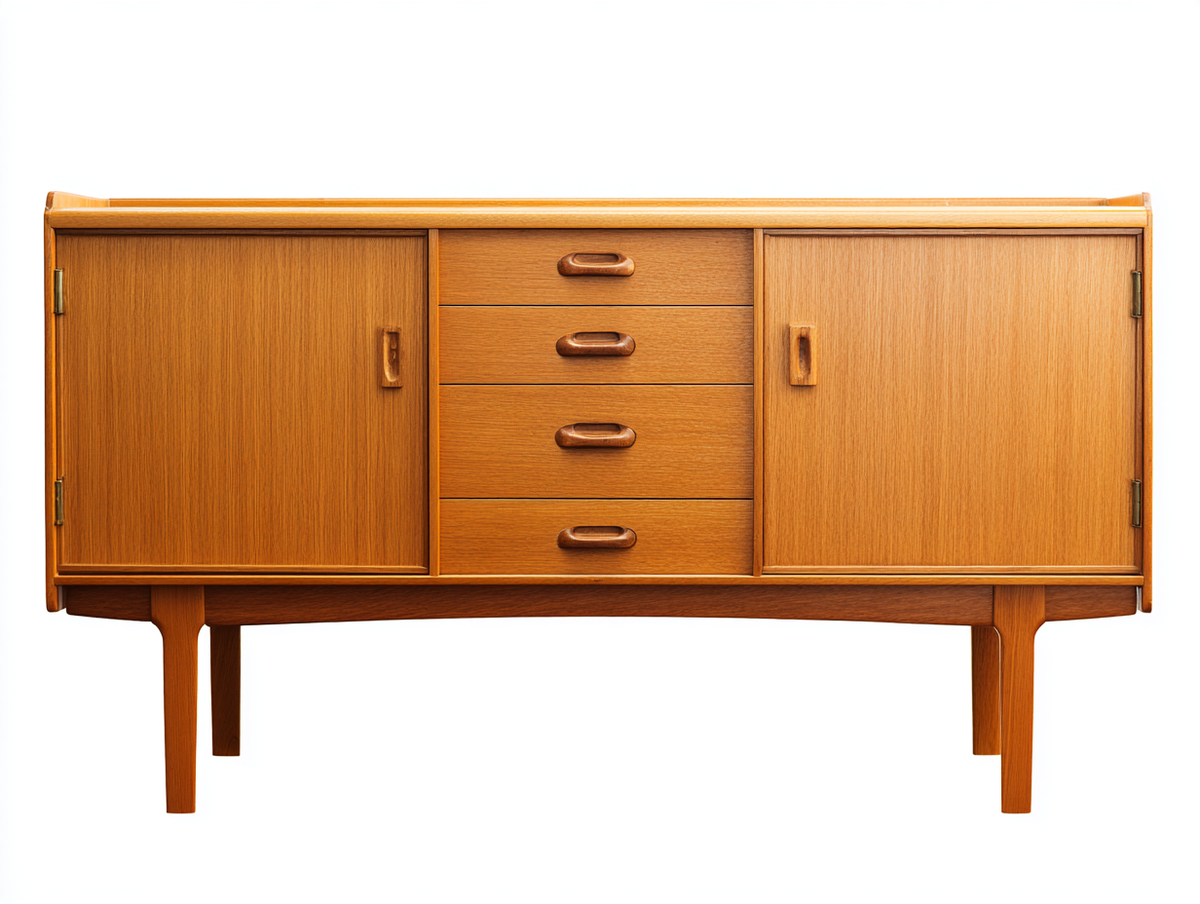 Aparador de madera 160×42×82 cm – roble miel – salón – 2 puertas y 4 cajones estilo nórdico retro