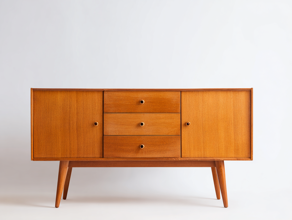 Aparador de madera 150×42×78 cm – nogal cálido – salón – 2 puertas y 3 cajones estilo retro