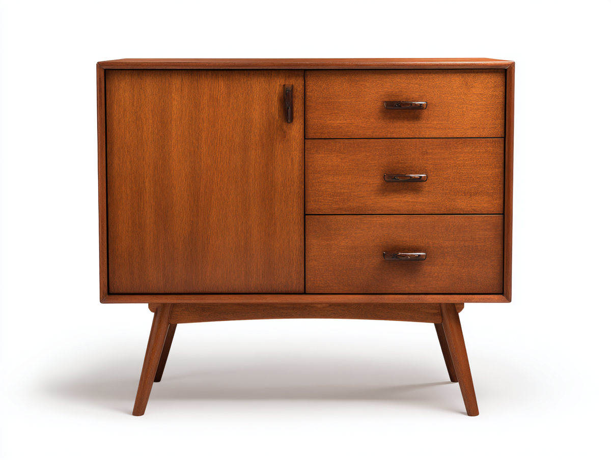 Aparador de madera 90×40×85 cm – marrón nogal – salón – 1 puerta y 3 cajones estilo retro